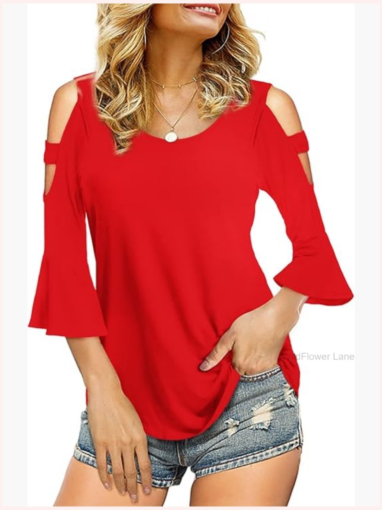 Cold Shoulder Top 3/4 Bell Sleeve Scoop Neck Casual Blouse